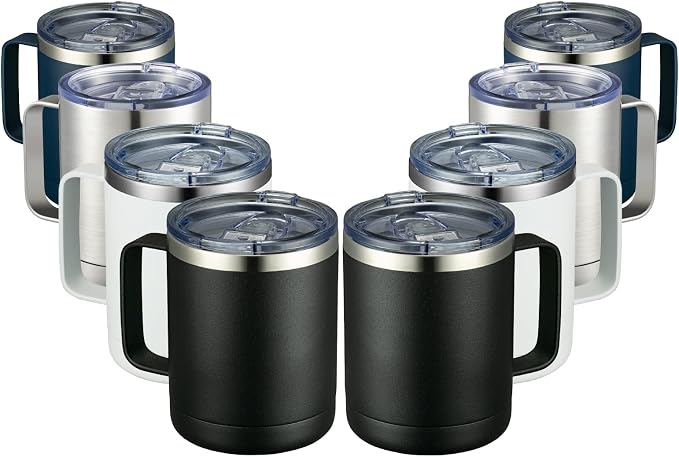 MEWAY 12oz Coffee Mug With Handle 8 Pack Bulk,Stainless Steel Insulated Travel Tumblers With Sliding Lid,Double Wall Vacuum Camping Cup for Hot & Cold Drinks Tea (Multicolor,Set of 8)