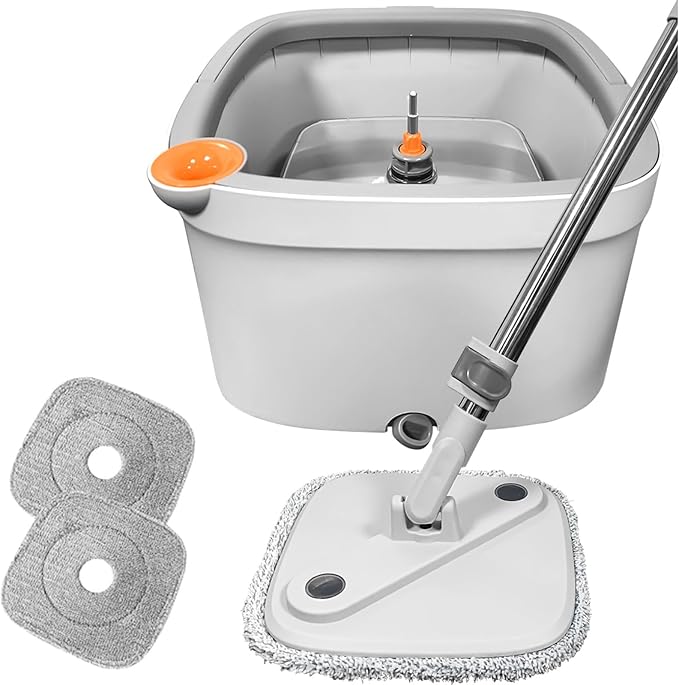 Spin Square mop and Bucket System with Wringer Set for Home with 2 Mop Pads (Grey,White)