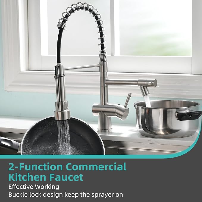 Kicimpro Faucet for Kitchen Sink, Commercial Kitchen Faucet with Pull Down Sprayer Brushed Nickel Spring Single Handle High Arc Stainless Steel Kitchen Bar Sink Faucet 1 Hole Or 3 Hole Compatible