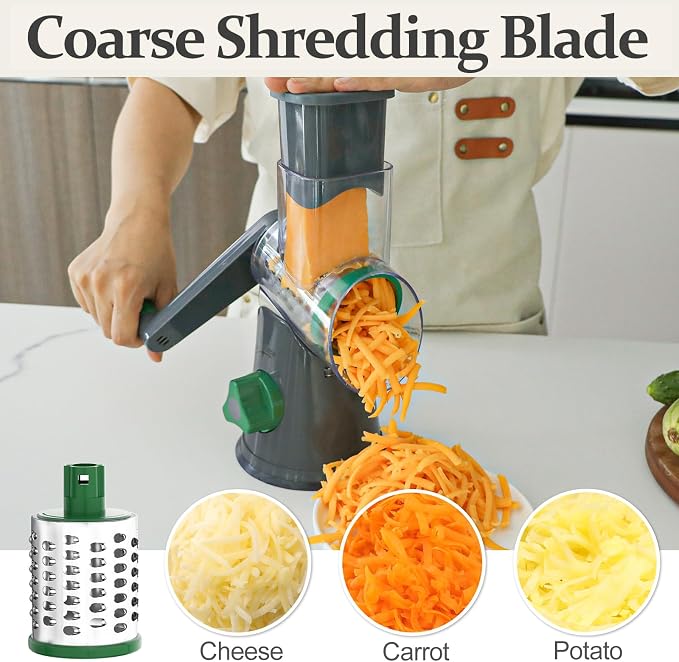 Cambom Rotary Cheese Grater Hand Crank Cheese Shredder for Fresh Cheese, Vegetable, Nuts,Non-slip Suction Base, Three Blades, Gray Green