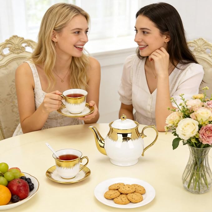 20 Pcs Porcelain Tea Set with Metal Holder and Spoon, European Ceramic Tea Set for Adults, European Flower Painting Teapot Cup Saucer Spoon Set for 6, 1000ML Gift Pack(White)