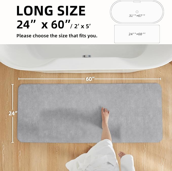 TYUU Bathroom Mat Quick Dry, Bathroom Rugs Non Slip Washable Thin Absorbent Bath Mat Fits Under Door Bathroom Floor Mat Perfect for Bath, Shower, or Sink 24"x60" Light Grey
