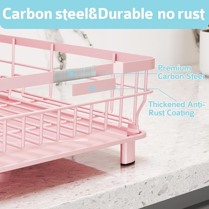 Dish Drying Rack for Kitchen Counter,12.8" W x 16.9" L,Pink | Space Saving Dish Rack, Self-Draining Drainboard, Rustproof Dish Drainer, Removable Utensil Holder
