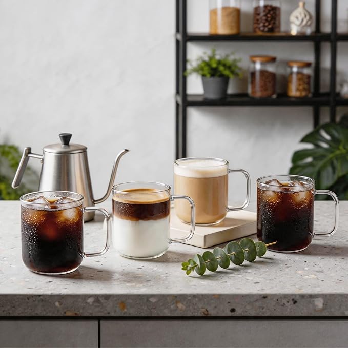 Glass Coffee Mugs, 8 oz iced coffee cups, Clear Tea Cups Set of 4, Glass Mugs with Handles, Glass Cups for Latte, Cappuccino, and Tea
