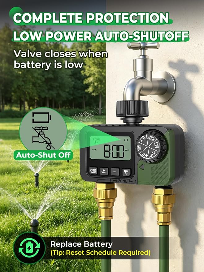 Sprinkler Timer 2 Outlets, Programmable Water Hose Timer with Rain Delay/Manual/Automatic Watering System, Outdoor Digital Auto Irrigation for Garden Yard Lawn with Large Display(Black+Olive Green)