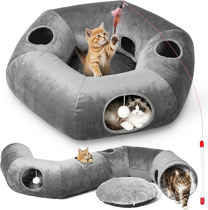 Cat Tunnel with Bed, Large Foldable Pet Donut Tunnel Interactive Cat Toys | Plush Cat Play Tunnel Toys with Ball, Peekaboo Cave Bed Cat Tunnel for Large Cats, Kittens, Rabbits, Puppies - Grey