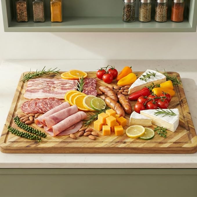 Herringbone Acacia Wood Cutting Boards for Kitchen, 1.5 in Thick Butcher Block Construction for Stability, 17 x 13 in Large Cutting Boards with Gift Box, Juice Groove and Handle