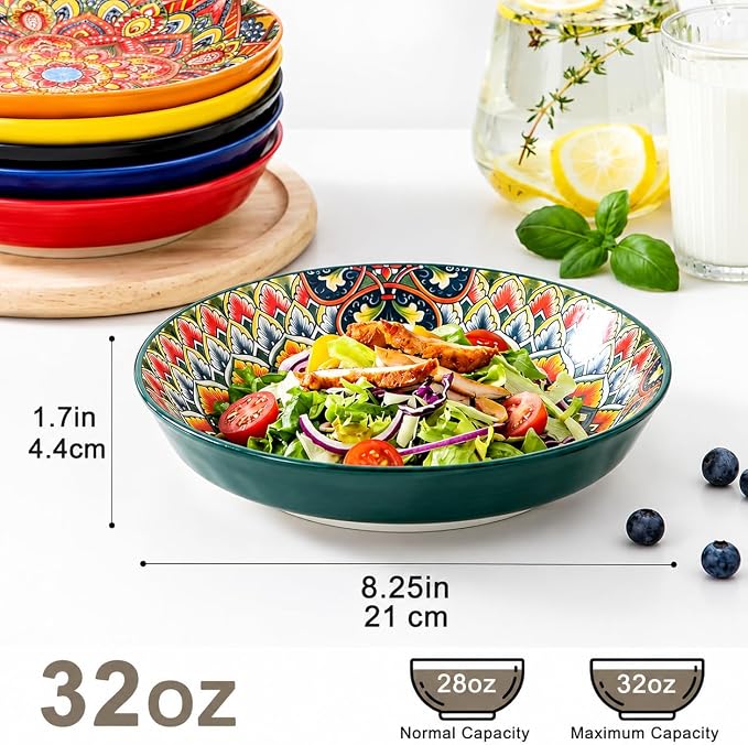 32 oz Pasta Bowls Set of 6, Large Ceramic Colorful Deep Plates, Bohemian Style Soup Salad Bowls, Dishwasher & Microwave Safe for Kitchen, Boho Vibrant Dinnerware