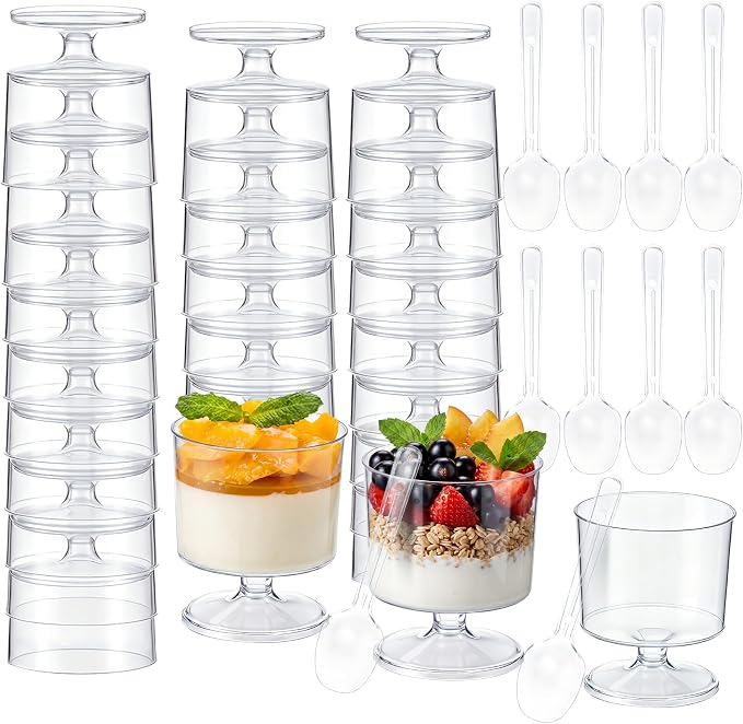 100 Pcs 2 oz Mini Dessert Cups with 100 Pcs Spoons Clear Plastic Mousse Cups Footed Trifle Bowl with Pedestal Fruit Parfait Appetizer Wine Glasses for Serving Party Wedding Birthday