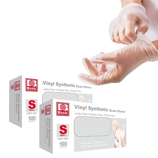Jointown Basic Medical Clear Vinyl Exam Gloves - Latex-Free & Powder-Free - VGPF-3001(2 Boxes of 100), Small