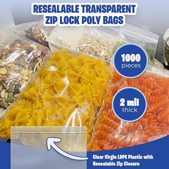Seal Fresh 6" x 9" (1000 Count) 2 Mil Clear Reclosable Zip Plastic Poly Bags — Resealable Zip Bag, Seal Bags for Treats, Crafts, Party Favors, Small Food Storage, Packaging