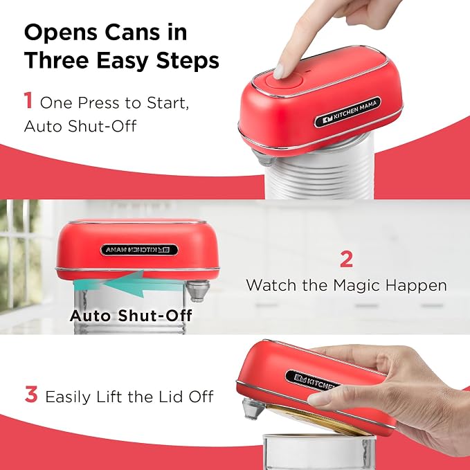 Kitchen Mama Orbit One Rechargeable Electric Can Opener, Red | Hands-free, USB-C Charging, Automatic Stop, Smooth Edge, Storage Box