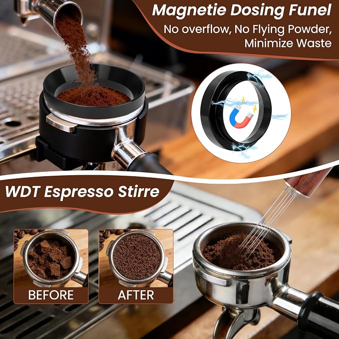 9-in-1 Espresso Tool Set: 58mm Tamper, WDT Tool, Distributor, Magnetic Funnel, Puck Screen, Brush, Cleaning Cloth, Latte Art Needle & Wooden Stand for Breville De'Longhi