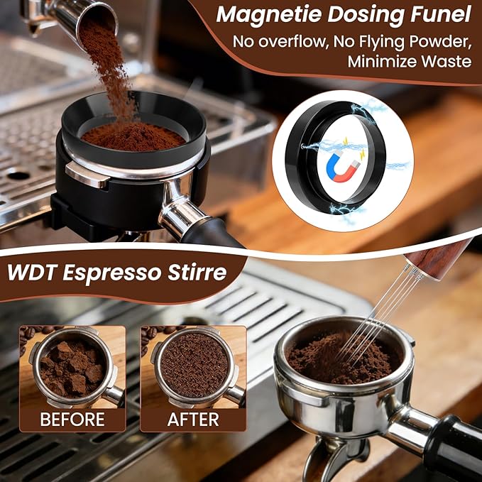 9-in-1 Espresso Tool Set: 54mm Tamper, WDT Tool, Distributor, Magnetic Funnel, Puck Screen, Brush, Cleaning Cloth, Latte Art Needle & Wooden Stand for Breville De'Longhi