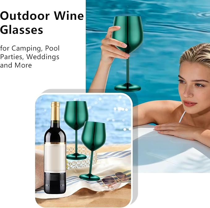 UNISWEET Unbreakable Stainless Steel Wine Glasses Set of 4, Green | 17oz Unique Fancy Metal Wine Goblets, Shatterproof, Ideal for Outdoor, Camping, Travel, Pool, Great Gift for Wine Lovers