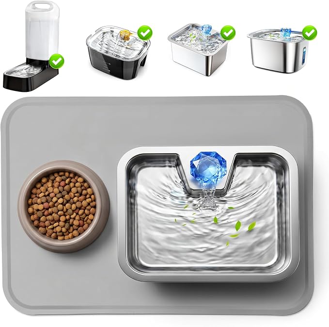 Dog Water Fountain Splash Mat, Waterproof Silicone Pet Feeding Mat, Non-Slip Floor Protector for Dog Water Bowl Dispenser & Cat Fountain, Raised Edge, Easy to Clean