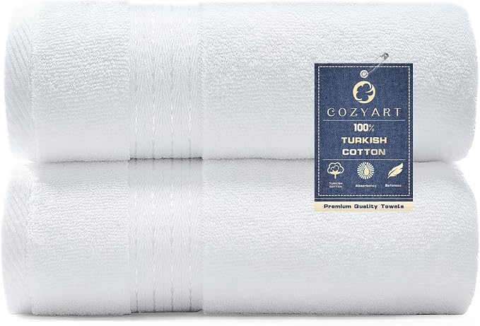 COZYART Luxury Bath Towels 2 PCS, White 100% Turkish Cotton 650 GSM | OEKO-Tex 100 Certified Zero Twist Ring Spun, Soft Absorbent Quick Dry, Plush Fluffy, Breathable Hotel Quality for Daily Use