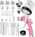 HVLP Air Spray Gun with 1.4/1.7/2mm Nozzles & Air Compressor Regulator, Air Spray Paint Gun w/10pcs 600cc Mixing Cup and Lids, Automotive Paint Sprayer for Car, House Painting, Furniture (Pink)