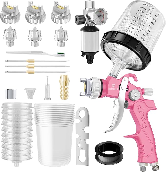 HVLP Air Spray Gun with 1.4/1.7/2mm Nozzles & Air Compressor Regulator, Air Spray Paint Gun w/10pcs 600cc Mixing Cup and Lids, Automotive Paint Sprayer for Car, House Painting, Furniture (Pink)