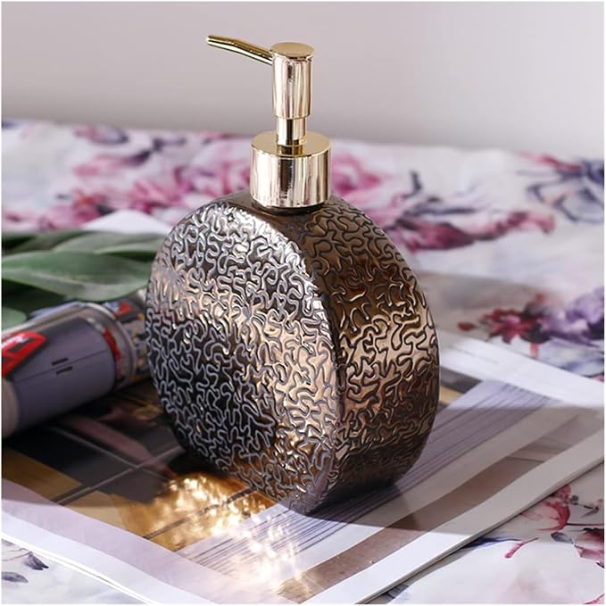 Art Deco Metallic Bronze Ceramic Soap Dispenser with Gold Pump - Elegant Round Refillable Bottle for Luxury Bathroom Decor