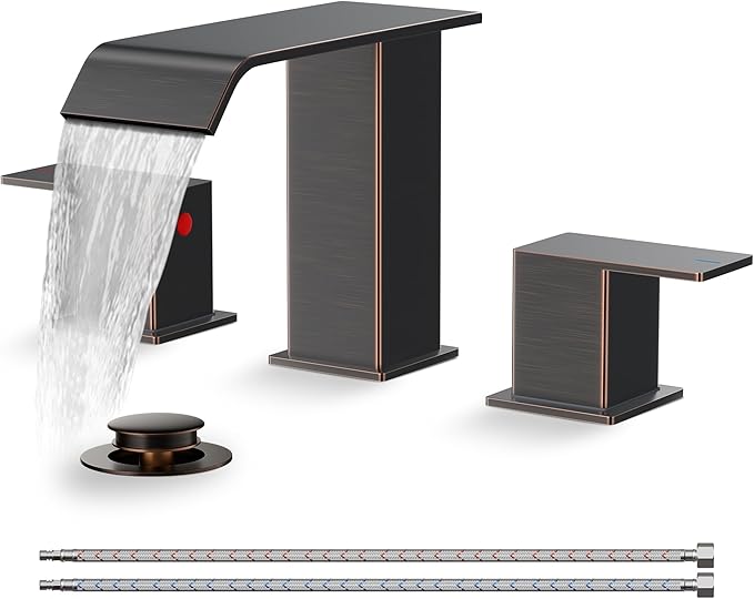 FORIOUS Bathroom Faucets 3 Hole Oil Rubbed Bronze, 8 Inch Widespread Bathroom Sink Faucet Waterfall Spout, with Pop Up Drain and Water Supply, Suitable for Vanity Rv Commercial Lavatory Restroom