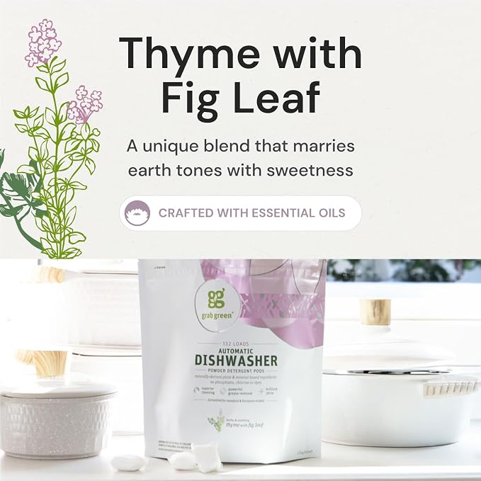 Grab Green Dishwasher Pods, 60 Count, Thyme with Fig Leaf | Plant & mineral based; Enzyme-powered; Velcro Closure; No Harsh Chemicals; Removes Grease and Stuck on Food