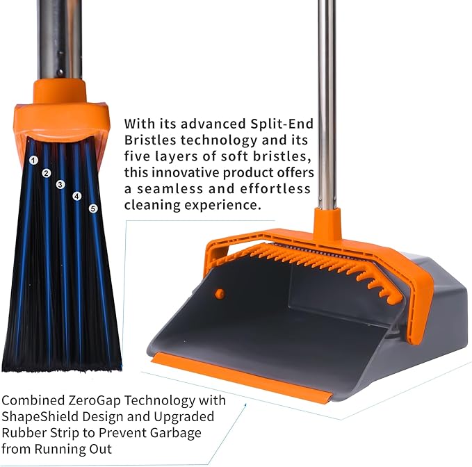 Tiumso Broom and Dustpan Set with 51'' Long Handle, Upright Broom and Dustpan Combo for Home Kitchen Office Restaurant Garage Lobby Dog Cat Pets Hair - Grey and Orange