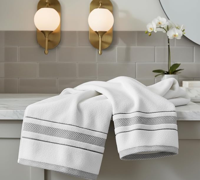 Bath Towels Set for Bathroom – Luxury 6-Piece Cotton Towels, Soft Absorbent & Quick Dry, 600 GSM Bath Towels for Bathroom, Hotel Spa Quality (White/Grey, 6- Bath Towel Set)