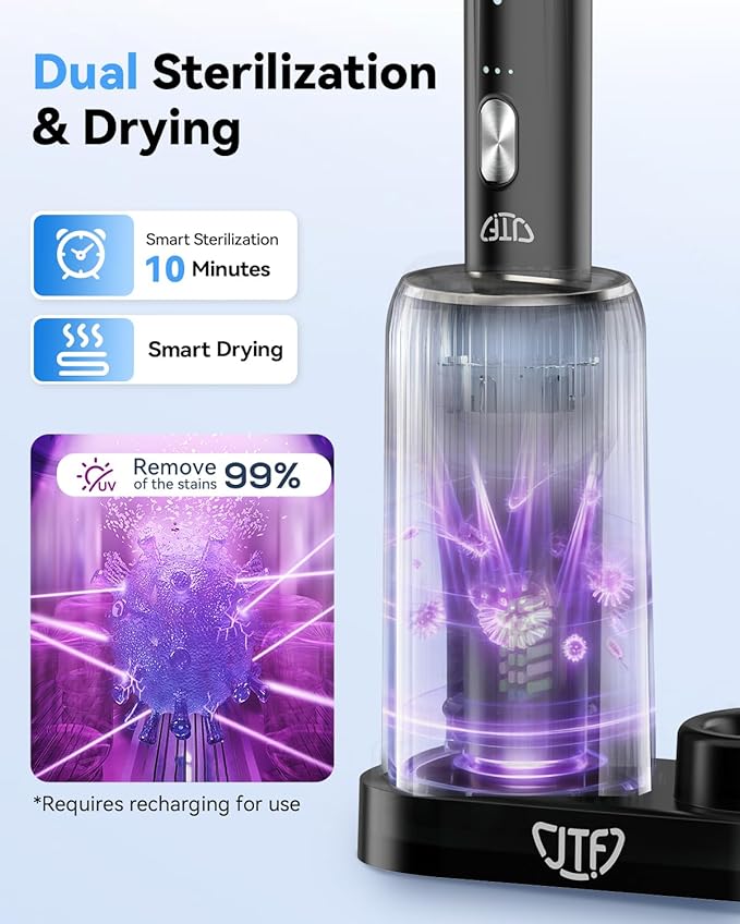 JTF Sonic Electric Toothbrush with UV Sanitizing & Drying: 5 Modes for Effective Yet Gentle Cleaning – with 6 Brush Heads, Rinse Cup, Wireless Charging Base, Rechargeable for Daily Care, Home & Travel