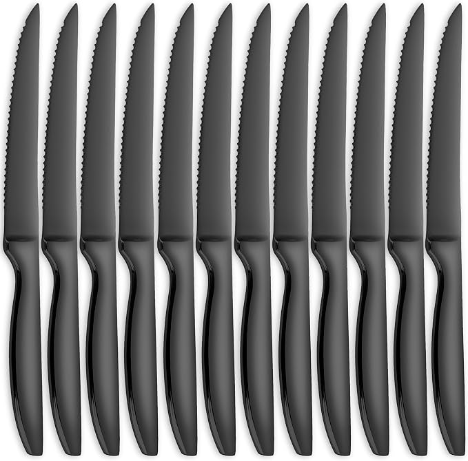 SuperCook Black Steak Knives of 12, High End Stainless Steel Steak Knives Set of 12, Dishwasher Safe Steak Knive, Serrated