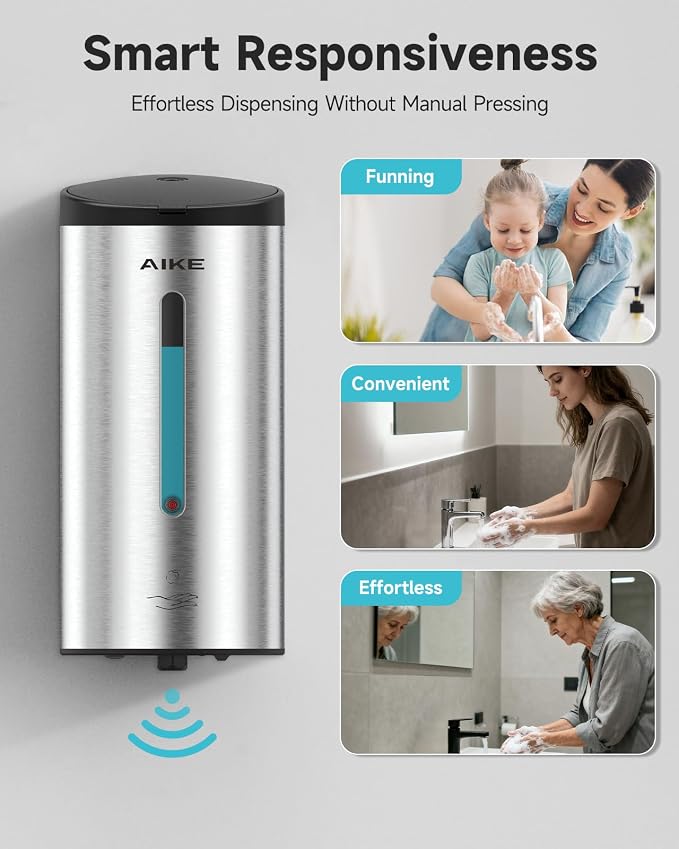 AIKE Automatic Foam Soap Dispenser 25oz for Bathroom,Brushed Steel AK1205FA | Rich Foam and Stainless Steel,No-drill and Screw Wall Mount,5-Level Adjustable and Key for Commercial(Batteries Not Included)
