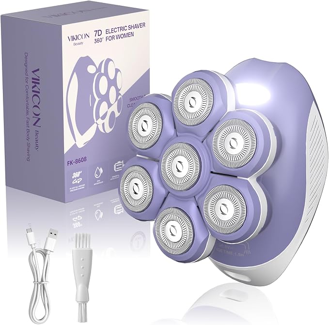 VIKICON 7D Electric Razors for Women Legs, Silky-Smooth Full Body Shaver | 7D 360° Wide-Area Fast Shaving Heads, Waterproof Wet & Dry Use, Painless Bikini Hair Removal, LED Light, Lady Gift, Purple