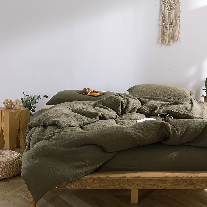 mixinni Olive Green Waffle Weave Duvet Cover Set Queen, 3-Piece 100% Natural Washed Cotton Triple-Layer Gauze Solid Bedding Set, Soft Breathable Minimalist Comforter Cover with Zipper & Ties-Queen