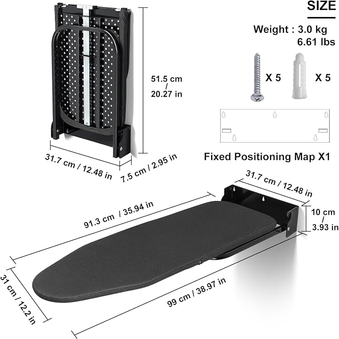 Duwee 12"×36" Wall Mounted Ironing Board,Folding Door Moutnted Iron Board | Heat Resistant Cover,Compact Wall Mount Foldable Ironing Board for Small Spaces