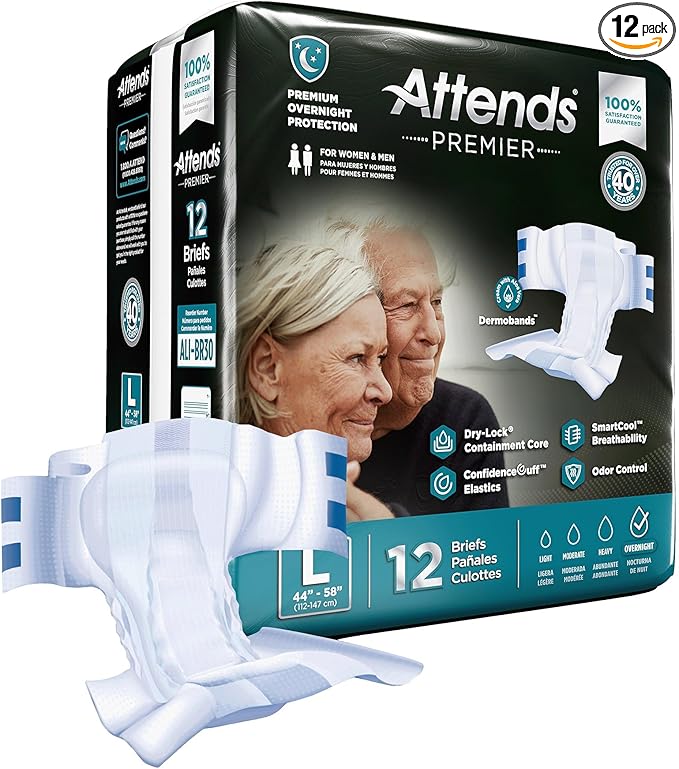 Attends Premier Adult Disposable SmartCool® Briefs, Large, 44-58" High-Rise Waist Tab Closure, Premium Overnight Dry-Lock Protection, Odor Control, 12ct Bag