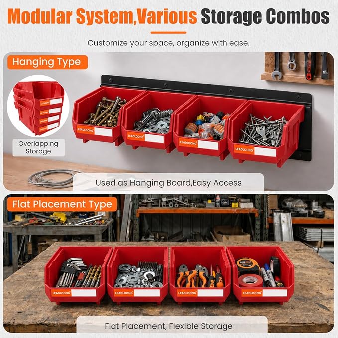 16pc Wall-Mounted Storage Organizer Set with Metal Rails Red | Heavy duty tool organization box with metal rails. Ext 5"x4"x3" for garage screws nuts bolts.