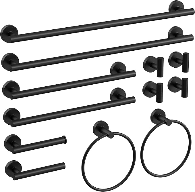 12 Pcs Matte Black Bathroom Accessories Set, HOMEMYSTIQUE SUS304 Stainless Steel Bathroom Hardware Set, Bath Towel Bar Set, Toilet Paper Holders, Towel Rings Racks, Robe Towel Hooks