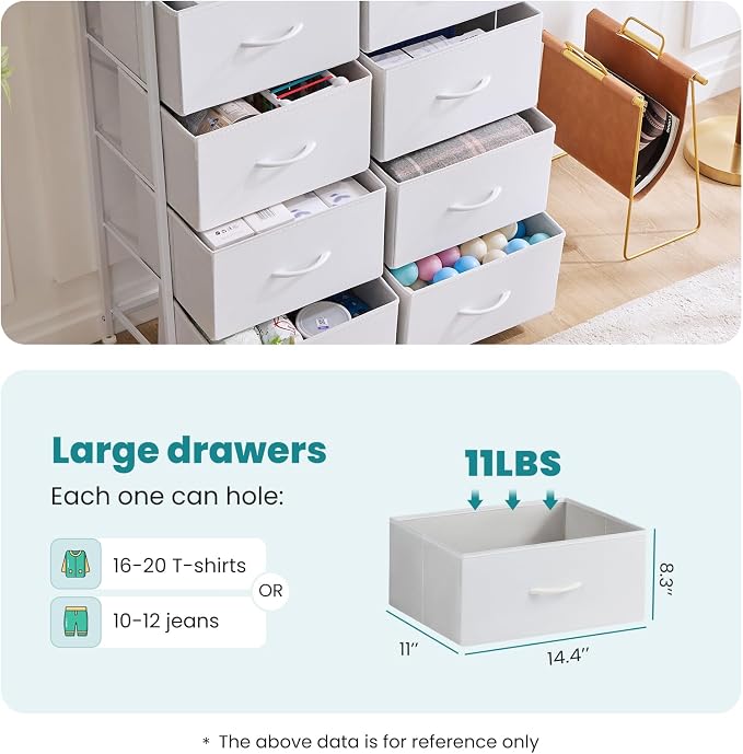 OLIXIS Dresser for Bedroom, 8 Storage Drawers, Tall Large Fabric Storage Tower Organizer, Chest of Drawers with Metal Frame Wooden Top for Nursery, Closet, Living Room, Entryway, White