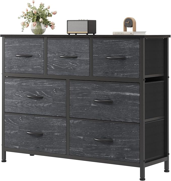 Sweetcrispy 7 Drawer Dresser, Fabric Storage Tower Organizer for Bedroom, Closet, Hallway, Entryway, Tall Chest of Drawers with Steel Frame, Wood Top, Large Storage, Black Wood Grain