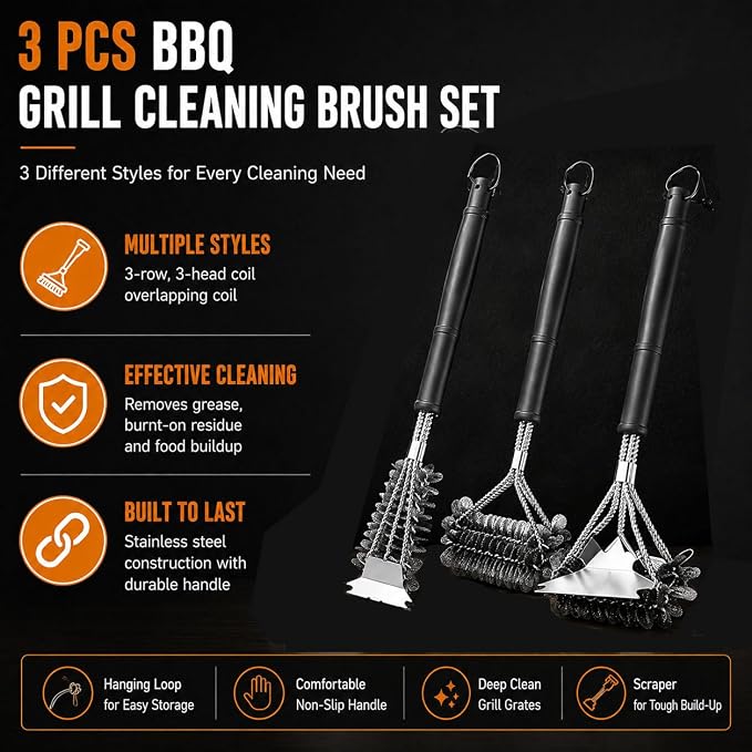 3PCS BBQ Grill Cleaning Brush for Cuisinart CGG-240 2013-2021 | 17.3" Bristle-Free Grill Brush with Scraper | 16.4" Overlapping Coil Brush | 17.5"3-Row Wire Bristle Grill Brush with Scraper