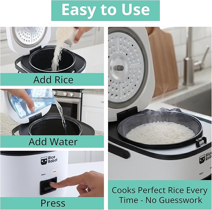 Rice Robot Personal Rice Cooker, PFAS-free, Nonstick. 1 Quart Capacity, with Stainless Steel Steamer Tray, Measuring Cups, Recipe Book with 60 Recipes, and Serving Spoon, As Seen On TV