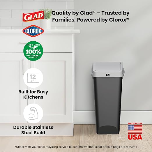 Glad 12 Gallon Trash Can with Clorox Odor Protection, 3 Pack | Linkable Waste and Recycling Bin with Swing Top and Lift Up Lid, for Kitchen, Office, Home, Black