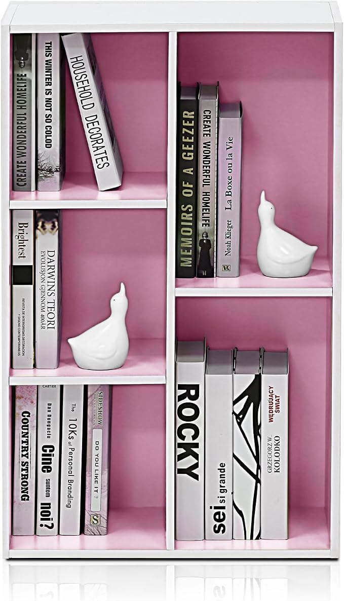 Furinno LUDER Book Shelf, 5-Cube Bookshelf, Reversible Bookcase, 9.4 x 19.5 x 31.5, Easy Assembly, for Living Room, Bedroom, Home Office, White/Pink