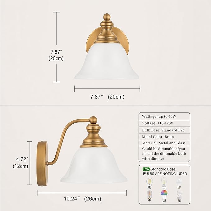 Brass Wall Sconce, 7.87" W x 7.87" H Vintage Gold Brushed Metal Wall Lighting, E26 Bulb Base, Farmhouse Wall Lamp for Hallway, Bedside, Corridor, Bedroom, Bathroom Vanity (Bulb Not Inclu