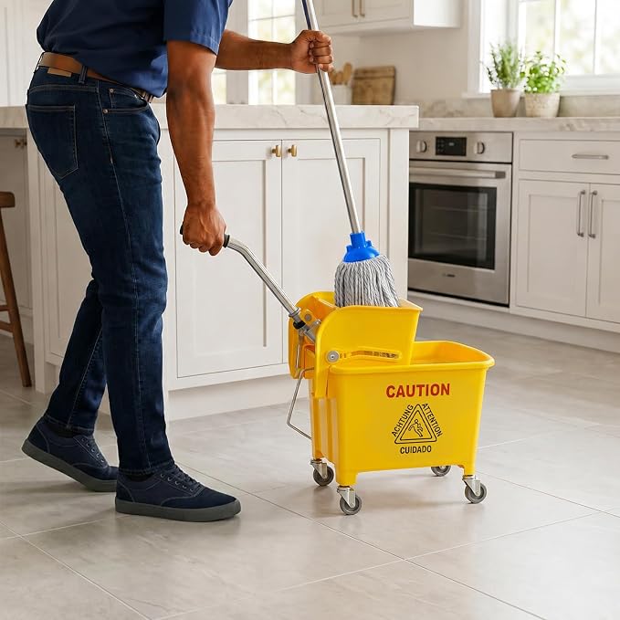 PLASTIC PRINCE Small Mop Bucket with Wringer on Wheels 5 Gallon, Heavy Duty Dual Chamber Mini Mop Bucket Separate Dirty Water, Perfect for Household, 20 Quart Yellow