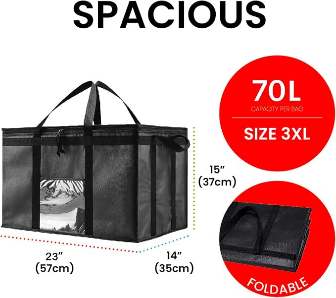 Insulated Food Bag, Portable Cooler Tote (3XL, Black, 10 Pack) | Large thermal bag, For cold & hot food, Soft sided cooler, Heavy duty carrier, Grocery shopping, Food delivery, Catering bag