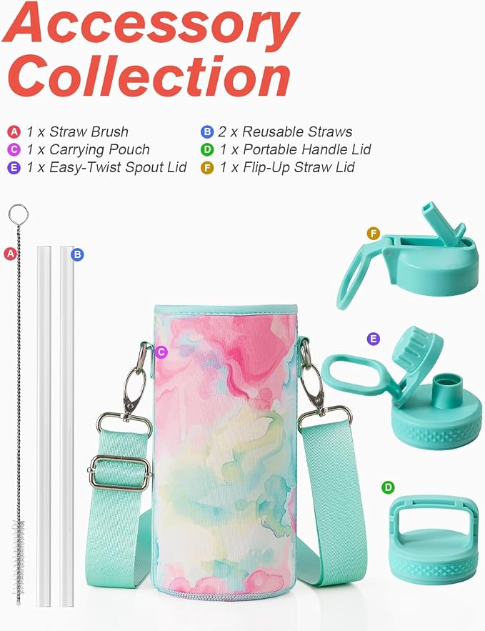 Coolflask Water Bottle Insulated with Straw & 3 Lids, 32 oz Water Jug Large Metal Stainless Steel Wide Mouth for Sports, Gym or Office, Non-BPA Keep Cold 48H Hot 24H, Pastel Sorbet
