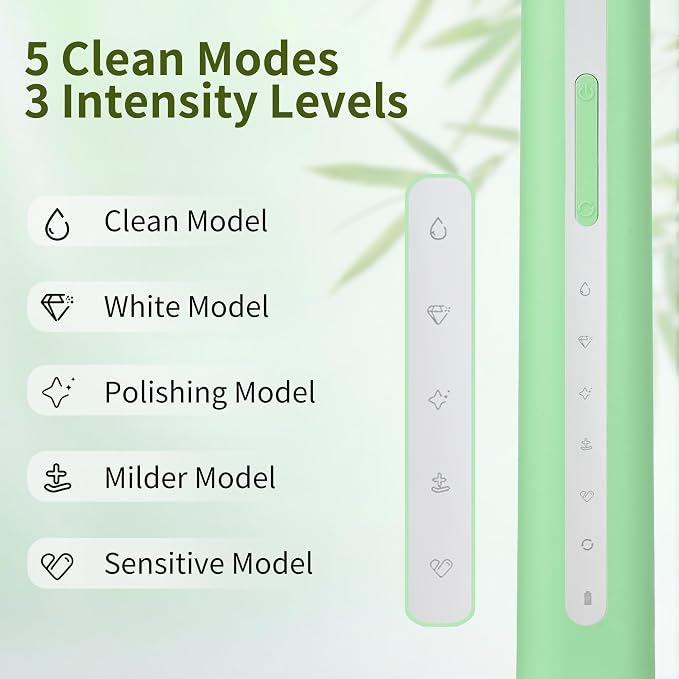 Sonic Electric Toothbrush with Bamboo Heads, Light Green | Bamboo Electric Toothbrush, Soft Castor Oil Bristles, Smart Timer, 40000 VPM, 5 Modes, IPX7 Waterproof, 45-Day Battery Life
