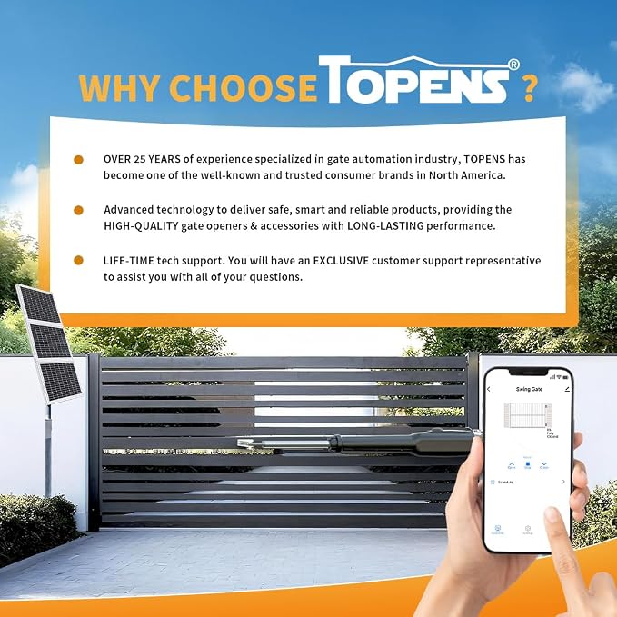 TOPENS XD851S Smart Gate Opener for Heavy Duty Solar Single Swing Gates Up to 18ft, Automatic Gate Opener with App Control AC Powered with Remote Control Kit Solar Panel Included