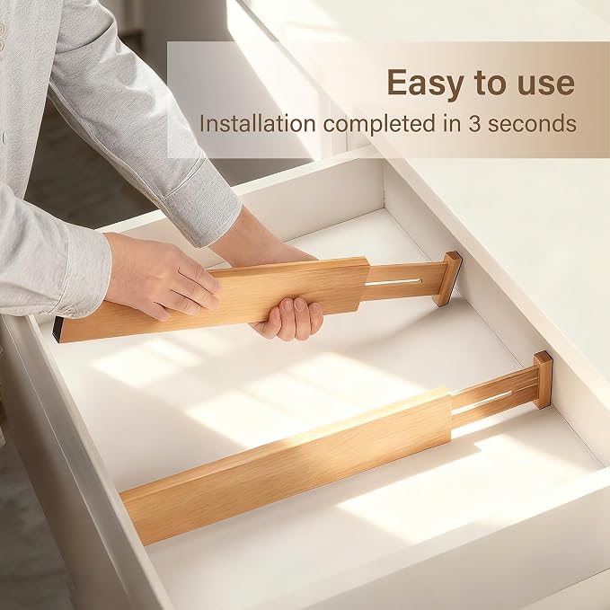 Bamboo Drawer Divider Set of 4, Adjustable Spring-Loaded Drawer Organizer (16.9"-22.2"), 2.3" Height, Suitable for Kitchen, Desk, Bathroom, Clothing, and Miscellaneous Drawer Organization, Natural